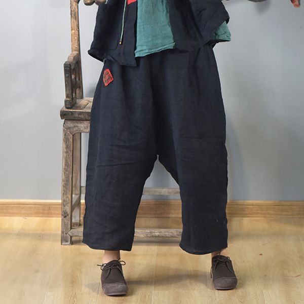 

johnature women embroidery vintage ramie wide leg pants elastic waist loose trouser 2020 summer patchwork female casual pants, Black;white