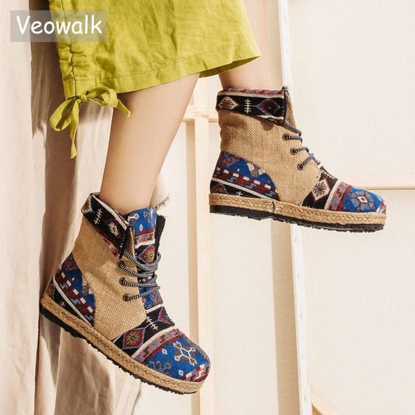 

veowalk harajuku embroidery women linen cotton short ankle boots lace up comfort ladies flat espadrilles booties vegan shoes, Black