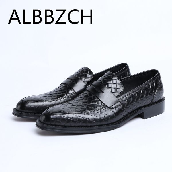 

fashion weave genuine leather oxford men shoes business slip on dress shoes male mens cow leather office work, Black