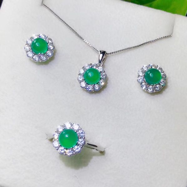 

классический зеленый халцедон драгоценный камень кольцо серьги и ожерелье комплект ювелирных изделий с серебром, Black