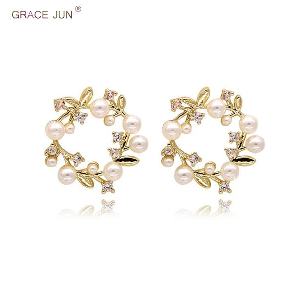 

grace jun new arrival cz pearl clip on earrings and pierced earrings for women party wedding elegant wreath earrings sale, Silver