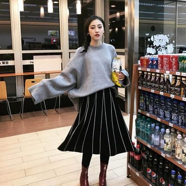 

skirts womens winter 2020 vintage striped slim a line high waist knitted long skirt black gray fringe skirt df998