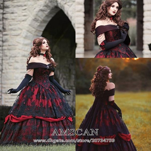 

black and red gothic wedding dresses 2020 elegant off the shoulder ball gown wedding dress lace up back garden country long bridal gowns, White