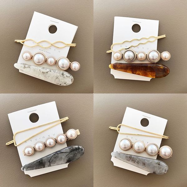 

korea 3pcs/set women girls metal marble grain hair clip headpieces combination barrette pearls hairpin hair accessories m40, Golden;white