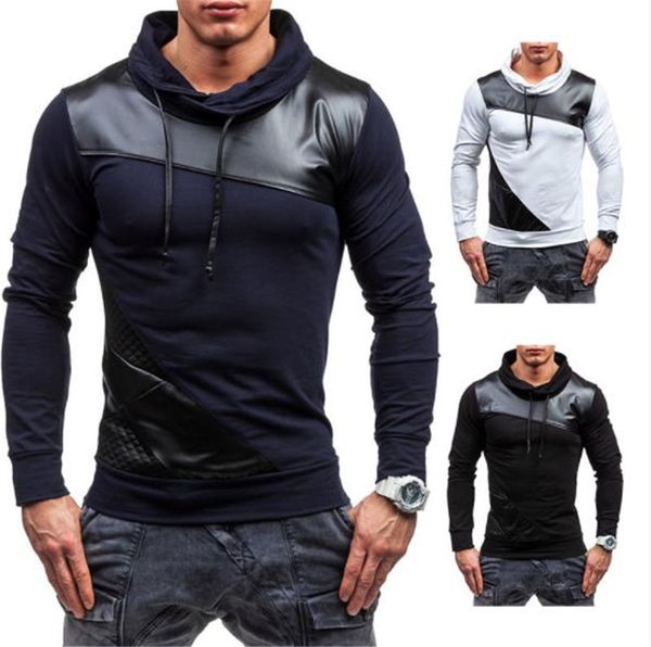 

leather panelled mens designer tshirts casual slim long sleeved high collar t shirts fashion mens tees, White;black