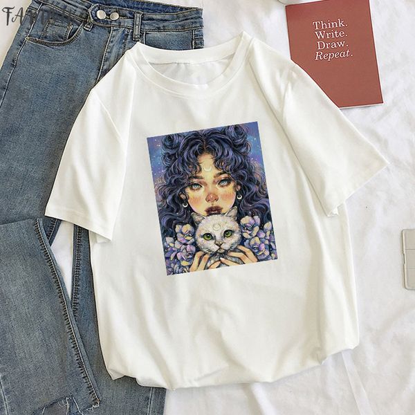 

vintage summer polyester harajuku tees cartoon star print large size loose female short sleeve ulzzang sweet new flower art t shirt, White