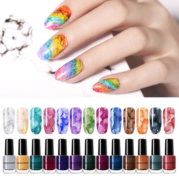 

nicole diary 2pcs sparkling blossom nail polish set watercolor marble ink smoke effect varnish gold silver salon art diy tool