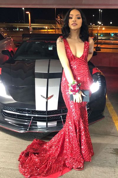 

red prom dresses mermaid plunging v neck sparkly sequins evening dresses long sweep train formal dress robe de soiree, Black