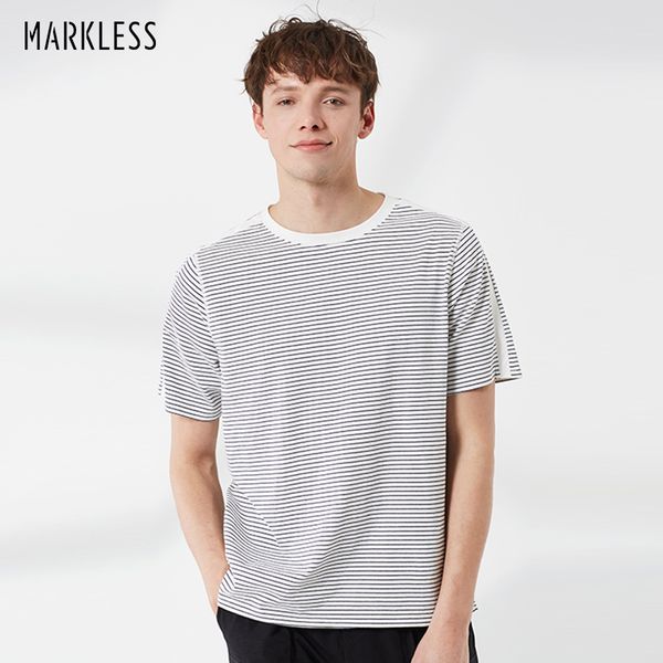 

markless mens cotton casual short sleeve striped tshirts loose o-neck fashion sports t shirts txa9665m, White;black