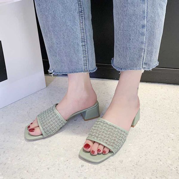 

дышащий кружева высокой пятки тапочки сандалии женщин элегантный толстый каблук тапочки лето плотное open toe слайды женщин сандалии, Black