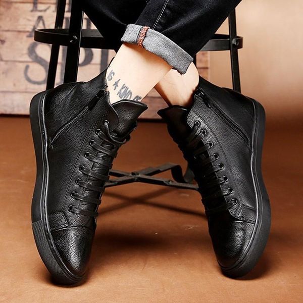 

019 winter increase down leather male england leisure time high help shoe hairstyle shichao board shoes t10, Black