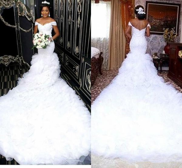 

2019 mode t mermaid wedding dre e ruffle cathedral train off houlder lace applique beaded trumpet african trumpet wedding bridal gown