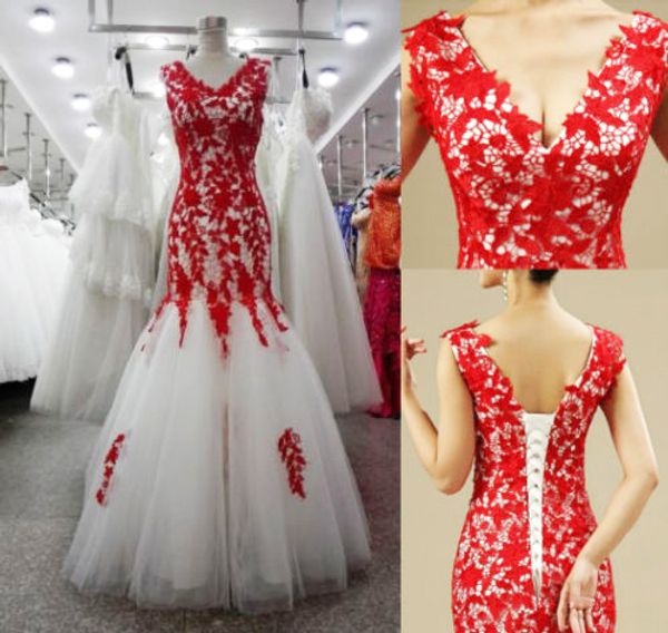 

red lace and white tulle wedding dress v neck mermaid corset back designer sweep train wedding bridal gowns new