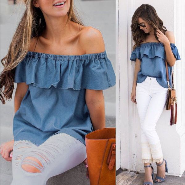 

off shoulder denim blouse women shirt summer ruffles blue jeans shirts ladies tube casual blusas, White