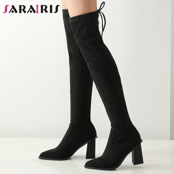

sarairis big size 34-43 lady high heels boots women over the knee stretch boots 2020 pointed toe thigh high shoes woman, Black