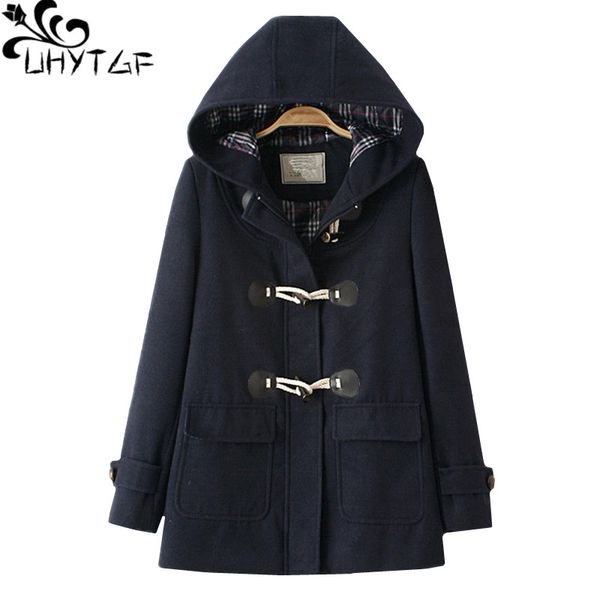 

uhytgf luxury imitation wool hooded warm winter jacket female fashion horn buckle woolen coats sweet ladies plus size jacket 217, Black