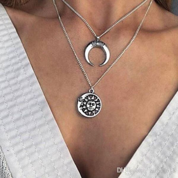 

necklace pendant 2 piece set domino style silver beach chain moon sun summer woman girl gift fashion wholesale jewelry