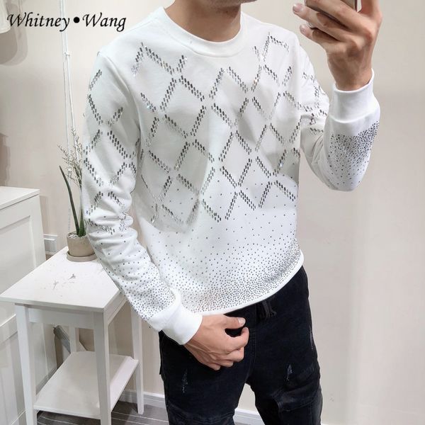 

whitney wang 2018 autumn winter fashion high street style argyle rhinestone sweatshrit men casual hoodies pullovers sweatshirts, Black