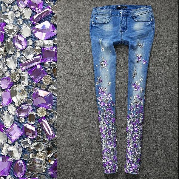 

women silver jeans with rhinestones sequins jeans with crystal diamond skinny pencil plus size, Blue