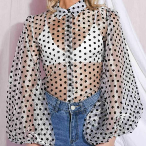 

женщины sexy sheer polka dot органзы блуза топ puff рубашки с длинным рукавом 2019 новое поступление, White