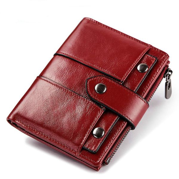 

genuine leather ladies purse rfid woman wallet short fund hasp zipper cowhide shopping small change bag wallets european purses for women, Red;black