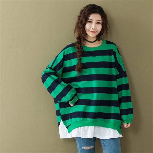 

2019 striped fake two-piece base fat sister loose casual shirt large size t-shirt female, White