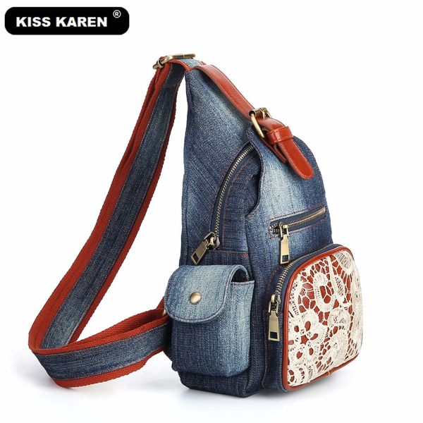 

kiss karen embroidery lace fashion sling bags for women denim chest bag jeans casual daypack shoulder travel backpack bags