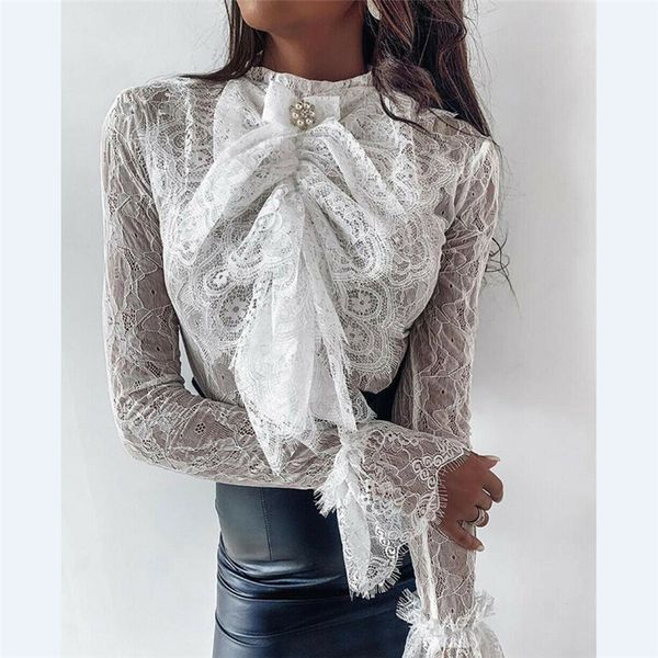 

женщины белые кружева рубашка блузка топы flare с длинным рукавом дамы повседневный длинным рукавом кружева bow tie офиса рубашка топы, White
