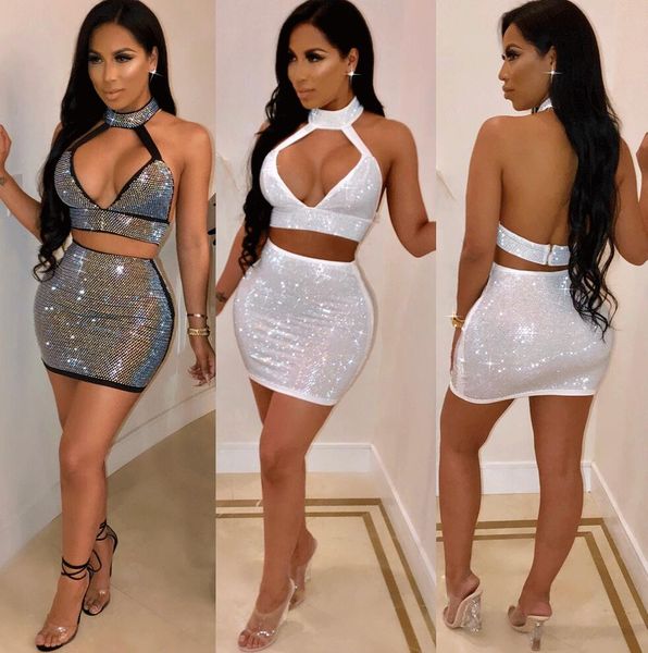 

nightclub party penetration deep v wrap chest strap two piece open back halter crop camisole twinset diamonds short skirt, Gray