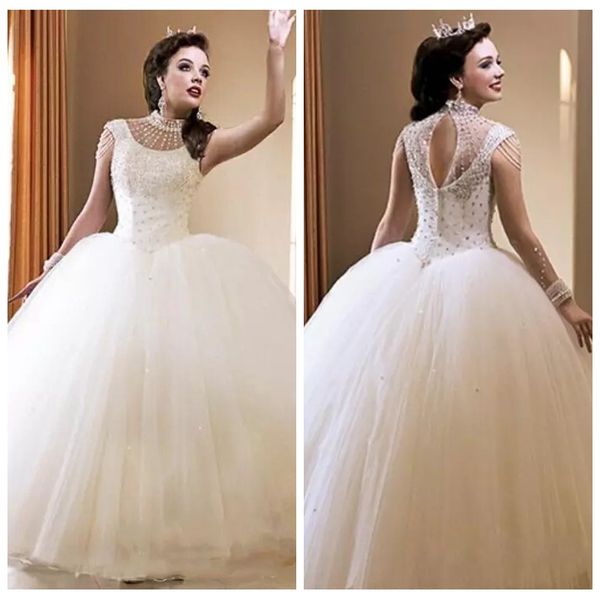 

Кристаллы Бисером Бальное Платье Белые Свадебные Платья 2019 Bling Bling Экипаж Декольт