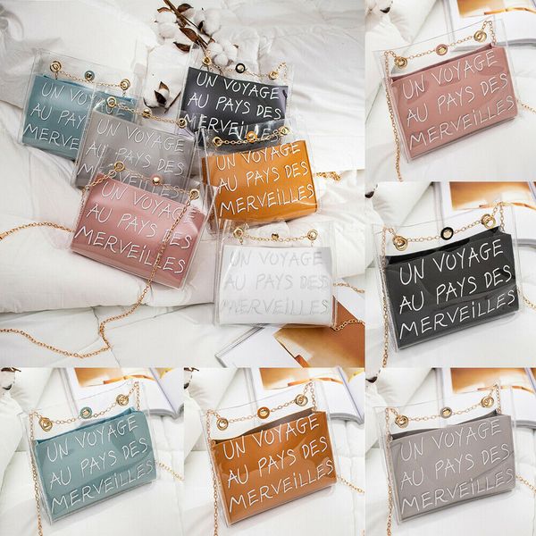 

2019 women gold chain transparent handbag letter printed shoulder bags messenger hobo crossbody satchel bag