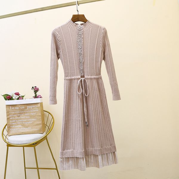 

sweaters knit dress female lace stitching in the long paragraph over the knee sweaters waist hollow hook flower large size dress, White;black