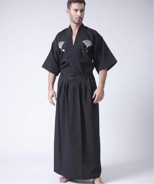 

black classic japanese samurai clothing men's warrior kimono with obi traditional yukata haori halloween costume, Gray