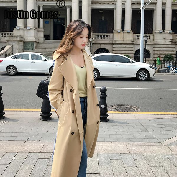 

blue striped pathwork khaki long coat classic outerwear business trench coat elegant ladies wear to work office casaco feminino, Tan;black