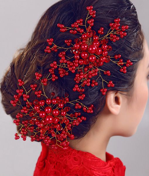 

chinese bridal hair comb red white pearl beads wedding hair accessories women headpiece girl's vine party jewelry, Golden;white