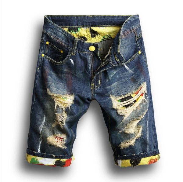 New Summer Mens Hole Denim Shorts Men Jeans Slim Straight calça tendência