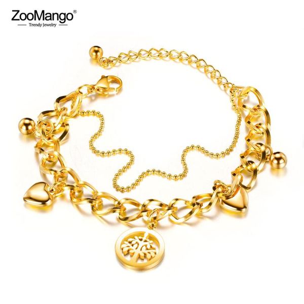

zoomango trendy double layer stainless steel love heart tree charm bracelets for women girls bohemia chain link jewelry zogs1037, Golden;silver