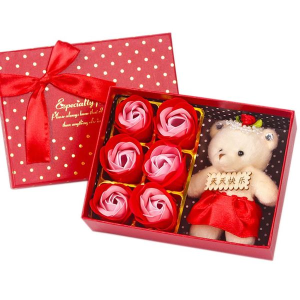 

valentine\'s day 6 pcs scented soap rose flowers with cute bear doll gift box wedding party decoration gifts bath body soaps