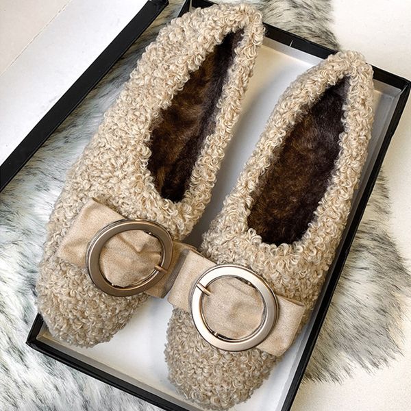 

round buckle sapatos winter curly fur thicken warm moccasins woman antiskid lambswool creepers flats comfort slip on shoes plush, Black