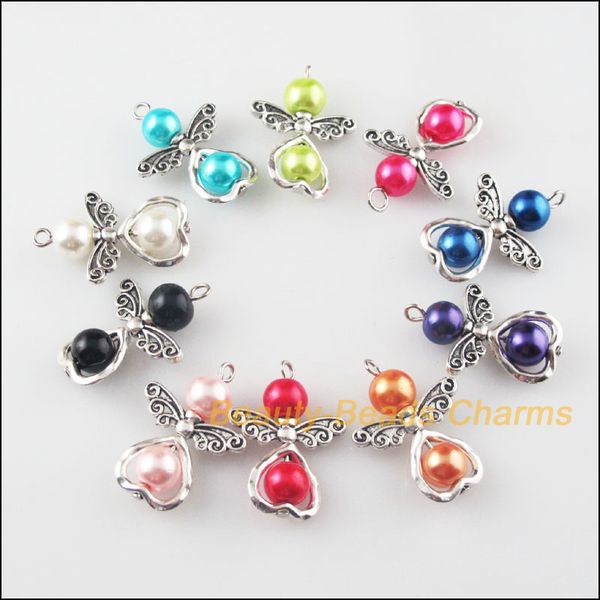 

10pcs mixed dancing glass angel wings heart charms pendants 22x29mm, Silver