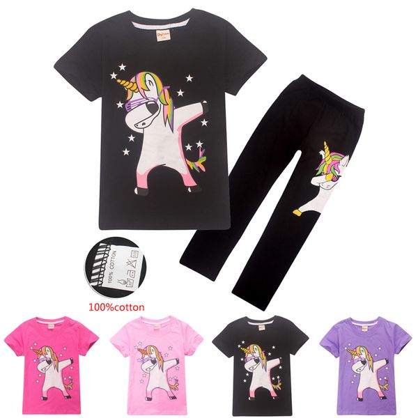 

unicorn kids clothing sets 100% cotton 4-12t kids girls boys cartoon printed t-shirt + trousers 2 piece sets kids designer clothes ss93, White