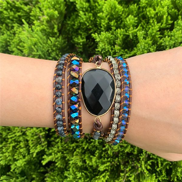 

black onyx woven wrap bracelets bohemian bracelet drops hipping mix 5 strands leather bracelet, Golden;silver