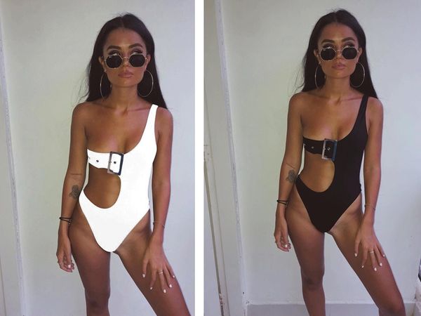 

2019 pure color bikini insert buckle one-piece swimsuit one shoulder style women's one-piece bathing suit swimwear