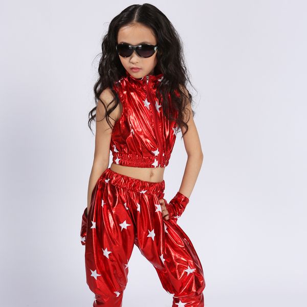 

modern hip hop jazz dance suit for children performance dance wear, Black;red