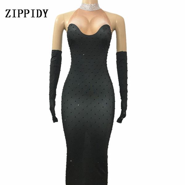 

black rhinestones long dress gloves costume singer stage show evening party celebrate outfit dresses women's dance wear, Black;red