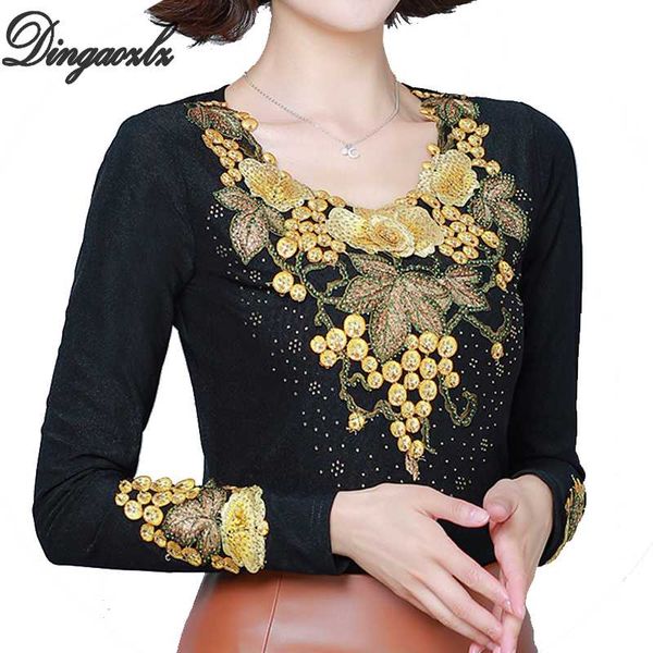 

dingaozlz l-7xl blusa feminina new fashion womens and blouses long sleeve embroidered shirt slim plus size lace, White