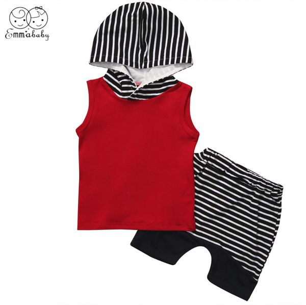 

2019 fashion brand new summer toddler kids baby boy vest hooded shirt +striped pants 2pcs outfits set, White