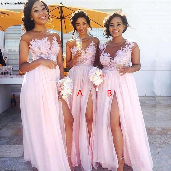 

pink long prom dresses 2019 side split appliques a-line chiffon bridesmaid dress wedding guest party dress formal gowns cheap, White;black