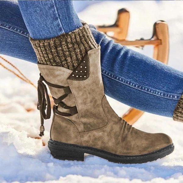 

winter boots women design snow boots punk woman shoes lace-up booties back mid-calf warm zapatos de mujer dropshipping ##5, Black