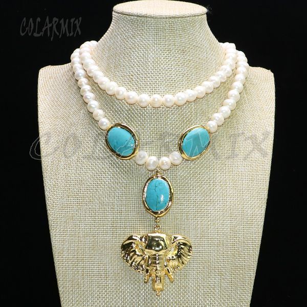 

2 strands natural pearl necklace stone beaded 30 inch necklace pearl handcrafted with elephant for women 9057, Silver